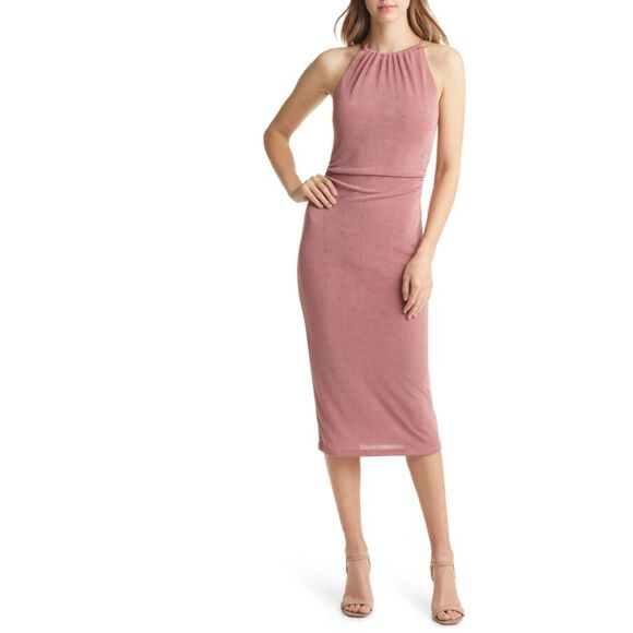 Vici Halter Neck Ruched Cutout Midi Dress Size Large - Picture 1 of 12